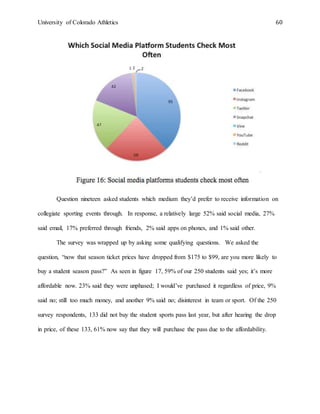 University of Colorado Athletics 60
Question nineteen asked students which medium they’d prefer to receive information on
collegiate sporting events through. In response, a relatively large 52% said social media, 27%
said email, 17% preferred through friends, 2% said apps on phones, and 1% said other.
The survey was wrapped up by asking some qualifying questions. We asked the
question, “now that season ticket prices have dropped from $175 to $99, are you more likely to
buy a student season pass?” As seen in figure 17, 59% of our 250 students said yes; it’s more
affordable now. 23% said they were unphased; I would’ve purchased it regardless of price, 9%
said no; still too much money, and another 9% said no; disinterest in team or sport. Of the 250
survey respondents, 133 did not buy the student sports pass last year, but after hearing the drop
in price, of these 133, 61% now say that they will purchase the pass due to the affordability.
 