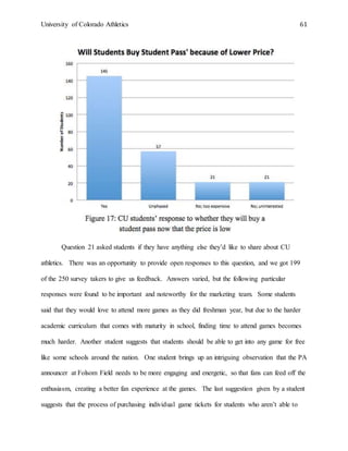 University of Colorado Athletics 61
Question 21 asked students if they have anything else they’d like to share about CU
athletics. There was an opportunity to provide open responses to this question, and we got 199
of the 250 survey takers to give us feedback. Answers varied, but the following particular
responses were found to be important and noteworthy for the marketing team. Some students
said that they would love to attend more games as they did freshman year, but due to the harder
academic curriculum that comes with maturity in school, finding time to attend games becomes
much harder. Another student suggests that students should be able to get into any game for free
like some schools around the nation. One student brings up an intriguing observation that the PA
announcer at Folsom Field needs to be more engaging and energetic, so that fans can feed off the
enthusiasm, creating a better fan experience at the games. The last suggestion given by a student
suggests that the process of purchasing individual game tickets for students who aren’t able to
 