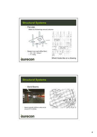 4
Structural Systems
• Flat slab
Watch for thickenings around columns
• Design Live Load (office floor)
• UDL = 300 – 500kg/m2
• P = 1000kg
What it looks like on a drawing
Structural Systems
• Band Beams
• Beams typically 2400mm wide and at
around 8.1m centres
 