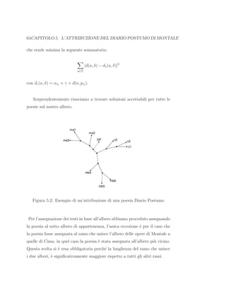 64CAPITOLO 5. L’ATTRIBUZIONE DEL DIARIO POSTUMO DI MONTALE
che rende minima la seguente sommatoria:
a∈Σ
|d(a, δ) − dr(a, δ)|2
con dr(a, δ) = α± + γ + d(a, p±).
Sorprendentemente riusciamo a trovare soluzioni accettabili per tutte le
poesie sul nostro albero.
Figura 5.2: Esempio di un’attribuzione di una poesia Diario Postumo
Per l’assegnazione dei testi in base all’albero abbiamo proceduto assegnando
la poesia al sotto albero di appartenenza, l’unica eccezione `e per il caso che
la poesia fosse assegnata al ramo che unisce l’albero delle opere di Montale a
quelle di Cima, in quel caso la poesia `e stata assegnata all’albero pi`u vicino.
Questa scelta si `e resa obbligatoria perch´e la lunghezza del ramo che unisce
i due alberi, `e signiﬁcativamente maggiore rispetto a tutti gli altri rami.
 
