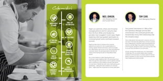 we love food!
independent
& caring
Times Top
100 employer
chef’s
academy
£27 million
turnover
business
& industry
clients only
community
& charity
support
local
ingredients
with traceability
Nigel is an optimistic, driven and innovative
managing director and he is proud to lead
from the front. While some foodservice
providers have struggled in recent years, Nigel’s
leadership skills have guided Catermasters to
continued growth and a continued increased
turnover.
Nigel has been keen to enhance the customer
experience at every turn. He is a great believer in
hosting regular themed promotions and encourages
the Catermasters sites to put on fun, fresh and attractive
customer events. He even‘goes back to the floor’at
various times during the year to help deliver these
events.
He is a firm believer in talent development and
continues to play a leading role in the nurturing of raw
talent through the Catermasters Chef’s Academy and last
year’s investment in the initiative took the total spend
to more than £100,000. But with more Chefs joining and
graduating – taking the total number to 25 over four
years – Nigel views this investment as money well spent.
Nigel Johnson,
Joint Managing Director
and Founder Partner
Tony joined Catermasters in 1996 as their
first Operations Manager and has been
instrumental in the continued growth and
exceptionally strong client relationships that
the company enjoys.
Tony understands how important customer service is,
not only in the financial performance of each contract,
but in keeping the customers loyal and excited by our
services. Just like Nigel, Tony spends most of his time
mentoring the operations teams and visiting client sites
to ensure that we deliver on our promises.
He also oversaw the introduction of a Catermasters
mobile App. This successful added value initiative
enhances communication, increases speed of service,
allows customers to view menus, promotions and also
claim loyalty points electronically.
Tony Carr,
Joint Managing Director
 