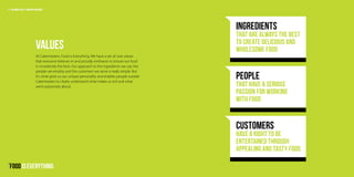 Ingredients
THAT ARE ALWAYS THE BEST
TO CREATE DELICIOUS AND
WHOLESOME FOOD
PEOPLE
THAT HAVE A SERIOUS
PASSION FOR WORKING
WITH FOOD
customers
HAVE A RIGHT TO BE
ENTERTAINED THROUGH
APPEALING AND TASTY FOOD
Values
At Catermasters, Food is Everything. We have a set of core values
that everyone believes in and proudly embraces to ensure our food
is consistently the best. Our approach to the ingredients we use, the
people we employ and the customers we serve is really simple. But
it’s what gives us our unique personality and enables people outside
Catermasters to clearly understand what makes us tick and what
we’re passionate about.
9 Catermasters // COMPANY BROCHURE
 