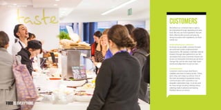 Customers
We believe our customers have a right to
be entertained through appealing and tasty
food. We only use food ingredients that are
fresh, often locally sourced, and tasty. By
being innovative with ingredients, our food
stands out.
Understanding our customers
To ensure we are totally customer focused,
we work hard to fully understand their
requirements. We regularly undertake internal
research through data gathered on our tills,
we analyse why some customers choose not
to use our restaurants and what we can do to
change that, and we also study High Street
trends and adapt them to suit our sites.
Communication
Customers need to know what food is
available and when it’s being served. If they
don’t, they can’t enjoy our service. One of
the tools we employ to guarantee strong
communication with customers is our
bespoke Catermasters App. It can be used
for many things including viewing menus,
ordering meals in advance and leaving
feedback about our service.
17 Catermasters // COMPANY BROCHURE
 