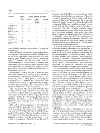 with Herbalife products was enough to reverse the
liver damage.
When analyzing the causative agent responsible for
the hepatotoxicity related to Herbalife products, one
of the initial hypotheses considered was that some
batches could contain a certain speciﬁc hepatotoxic
agent.2,3,8
However, the facts that, since 2005, we
have information of cases occurring in different parts
of the world and that, at least in Spain, there have been
cases reported on a continuing basis suggest an actual
presence of one or more hepatotoxic components of
the Herbalife products.
In our series, all cases, but one, in which informa-
tion about liver tests was available showed hepatocel-
lular liver injury. Furthermore, nine cases (9/17, 53%)
fulﬁlled Hy’s law,13
which predicts a mortality not
lower than 10%. In addition, 80% of the cases were
women. The association of high bilirubin levels, hepa-
tocellular type of damage, and female sex has been
shown to be predictive of a worst outcome.14
The only patient who developed cholestatic liver
damage was also taking amoxicillin–clavulanate. This
raises the possibility that in this particular instance,
amoxicillin–clavulanate could be responsible for the
damage15
despite the chronology pointing toward
Herbalife. Nevertheless, cases of Herbalife-induced
cholestatic-mixed damage have been previously
reported.2,3
The analysis of the components of Herbalife prod-
ucts revealed the presence of two herbals previ-
ously associated with hepatotoxicity: green tea16–19
and aloe vera.20–22
These herbals are included in the
products Thermojetics, Thermo Complete, and Aloe-
Vera liquid from Herbalife. In addition, one case of
hepatitis associated with the consumption of soy,
which is a component of Formula 1 and Formula 3,
has been published.23
However, none of these herbal
medicines is included in the composition of RoseOx,
a single product that one of our patients took. Inter-
estingly, Stickel et al.8
demonstrated the hepatotoxic
effect of B. subtilis isolated from the products Formula
1, vitamin C tablets, and Herbalife speciﬁcally person-
alized, but not from RoseOx tablets. Therefore, it
is possible that the Herbalife products contain
various hepatotoxic agents, which could work alone
or by interacting with other components. Interactions
between chemicals should always be considered as
a possibility when several active ingredients are
administrated together. For example, Formula 1 from
Herbalife contains various heavy metals and carra-
geenan. Recently, Khotimchenko et al.24
have reported
carrageenans to bind heavy metals.
It is worth noting that there seems to be a general
consensus between consumers about the efﬁcacy of
some Herbalife products to lose weight, which hap-
pens to be particularly surprising considering the
declared components of Herbalife products, such as
vitamins, minerals, and “innocuous” herbs. Moreover,
in medical literature, considerable documentation
exists related to contamination with adulterants (i.e.,
heavy metals, microorganisms, and undeclared
ingredients) in preparations formulated with herbal
medicines and marketed through several channels.25–30
To our knowledge, quality controls were not per-
formed on any of the products used by the patients in-
cluded in our series. In Spain, Herbalife products are
registered as dietary supplements in the AESAN and
are available from several Internet pages (www.
herbalife.com and others) and from local distributors,
often also consumers of Herbalife products, who sell
these products directly to their family, friends,
acquaintances, and other members of their communi-
ties. Liver injury associated with Herbalife products
has been recently reviewed by Stickel et al.31
Accord-
ing to this publication, Israel and Switzerland have not
noticed further incidents after publication of their
corresponding series, although investigators from Ice-
land and Spain continue to see new cases. In our opin-
ion, differences in the pharmacovigilance procedures or
in the batches of Herbalife products distributed in differ-
ent countries—with not exactly the same composition or
concentration of the components—could explain this
discrepancy.
The lack of knowledge of the mechanism of action in-
volved in the production of adverse reactions associated
with drugs has never been an obstacle in implementing
measures to prevent damage. Usually, these measures
are taken on the basis of clinical observations and con-
trasted epidemiological data. However, to evaluate
Table 6. Herbalife products taken by the patients in the published cases
Reference Total of
reported
cases
Number of patients who took it
RoseOx Other
Herbalife
products
Unknown
Schoepfer et al.,
2007 [2]
10 4 5 1
Elinav et al.,
2007 [3]
12 10 2 0
Chao et al., 2008
[7]
1 0 1 0
Stickel et al.,
2009 [8]
2 1 1 0
Jóhannsson
et al., 2010 [10]
5 5 0 0
Total 30 20 9 1
Cases from this
paper
20 9 3 8
g. manso ET AL.1086
Copyright © 2011 John Wiley & Sons, Ltd. Pharmacoepidemiology and Drug Safety, 2011; 20: 1080–1087
DOI: 10.1002/pds
 