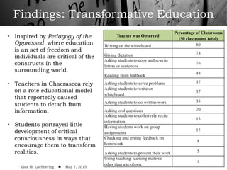Findings: Transformative Education
•  Inspired by Pedagogy of the
Oppressed where education
is an act of freedom and
individuals are critical of the
constructs in the
surrounding world.
•  Teachers in Chacraseca rely
on a rote educational model
that reportedly caused
students to detach from
information.
•  Students portrayed little
development of critical
consciousness in ways that
encourage them to transform
realities.
Kara M. Luebbering ! May 7, 2015
 