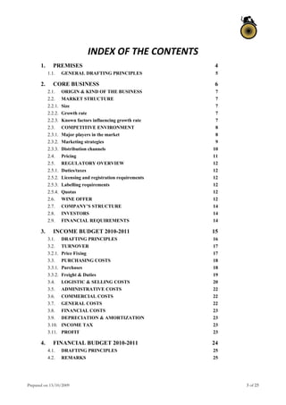 Prepared on 13/10/2009 3 of 25
INDEX OF THE CONTENTS 
1.  PREMISES 4 
1.1.  GENERAL DRAFTING PRINCIPLES 5 
2.  CORE BUSINESS 6 
2.1.  ORIGIN & KIND OF THE BUSINESS 7 
2.2.  MARKET STRUCTURE 7 
2.2.1.  Size 7 
2.2.2.  Growth rate 7 
2.2.3.  Known factors influencing growth rate 7 
2.3.  COMPETITIVE ENVIRONMENT 8 
2.3.1.  Major players in the market 8 
2.3.2.  Marketing strategies 9 
2.3.3.  Distribution channels 10 
2.4.  Pricing 11 
2.5.  REGULATORY OVERVIEW 12 
2.5.1.  Duties/taxes 12 
2.5.2.  Licensing and registration requirements 12 
2.5.3.  Labelling requirements 12 
2.5.4.  Quotas 12 
2.6.  WINE OFFER 12 
2.7.  COMPANY’S STRUCTURE 14 
2.8.  INVESTORS 14 
2.9.  FINANCIAL REQUIREMENTS 14 
3.  INCOME BUDGET 2010-2011 15 
3.1.  DRAFTING PRINCIPLES 16 
3.2.  TURNOVER 17 
3.2.1.  Price Fixing 17 
3.3.  PURCHASING COSTS 18 
3.3.1.  Purchases 18 
3.3.2.  Freight & Duties 19 
3.4.  LOGISTIC & SELLING COSTS 20 
3.5.  ADMINISTRATIVE COSTS 22 
3.6.  COMMERCIAL COSTS 22 
3.7.  GENERAL COSTS 22 
3.8.  FINANCIAL COSTS 23 
3.9.  DEPRECIATION & AMORTIZATION 23 
3.10.  INCOME TAX 23 
3.11.  PROFIT 23 
4.  FINANCIAL BUDGET 2010-2011 24 
4.1.  DRAFTING PRINCIPLES 25 
4.2.  REMARKS 25 
   
 