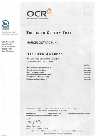 Certificate - OCR - NVQ LEVEL 2 FOR IT USERS