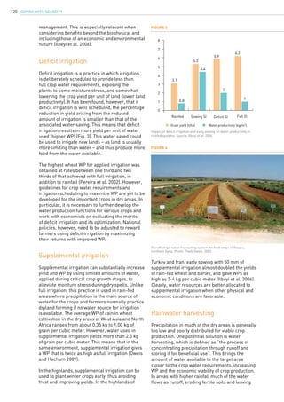 COPING WITH SCARCITY120
Deficit irrigation is a practice in which irrigation
is deliberately scheduled to provide less than
full crop water requirements, exposing the
plants to some moisture stress, and somewhat
lowering the crop yield per unit of land (lower land
productivity). It has been found, however, that if
deficit irrigation is well scheduled, the percentage
reduction in yield arising from the reduced
amount of irrigation is smaller than that of the
associated water saving. This means that deficit
irrigation results in more yield per unit of water
used (higher WP) (Fig. 3). This water saved could
be used to irrigate new lands – as land is usually
more limiting than water – and thus produce more
food from the water available.
The highest wheat WP for applied irrigation was
obtained at rates between one third and two
thirds of that achieved with full irrigation, in
addition to rainfall (Pereira et al. 2002). However,
guidelines for crop water requirements and
irrigation scheduling to maximize WP are yet to be
developed for the important crops in dry areas. In
particular, it is necessary to further develop the
water production functions for various crops and
work with economists on evaluating the merits
of deficit irrigation and its optimization. National
policies, however, need to be adjusted to reward
farmers using deficit irrigation by maximizing
their returns with improved WP.
Deficit irrigation
Supplemental irrigation
Rainwater harvesting
Supplemental irrigation can substantially increase
yield and WP by using limited amounts of water,
applied during critical crop growth stages, to
alleviate moisture stress during dry spells. Unlike
full irrigation, this practice is used in rain-fed
areas where precipitation is the main source of
water for the crops and farmers normally practice
dryland farming if no water source for irrigation
is available. The average WP of rain in wheat
cultivation in the dry areas of West Asia and North
Africa ranges from about 0.35 kg to 1.00 kg of
grain per cubic meter. However, water used in
supplemental irrigation yields more than 2.5 kg
of grain per cubic meter. This means that in the
same environment, supplemental irrigation gives
a WP that is twice as high as full irrigation (Oweis
and Hachum 2009).
In the highlands, supplemental irrigation can be
used to plant winter crops early, thus avoiding
frost and improving yields. In the highlands of
Precipitation in much of the dry areas is generally
too low and poorly distributed for viable crop
production. One potential solution is water
harvesting, which is defined as “the process of
concentrating precipitation through runoff and
storing it for beneficial use”. This brings the
amount of water available to the target area
closer to the crop water requirements, increasing
WP and the economic viability of crop production.
In areas with higher rainfall much of the water
flows as runoff, eroding fertile soils and leaving
Figure 3
Figure 4
Impact of deficit irrigation and early sowing on water productivity in
rainfed systems. Source: Ilbeyi et al. 2006.
Runoff strips water-harvesting system for field crops in Aleppo,
northern Syria. Photo: Theib Oweis, 2003.
0
1
2
3
4
5
6
7
8
Rainfed Sowing SI Deficit SI Full SI
0.8
3.1
5.9
5.3
2
4.4
6.2
1
Grain yield (t/ha) Water productivity (kg/m3
)
Turkey and Iran, early sowing with 50 mm of
supplemental irrigation almost doubled the yields
of rain-fed wheat and barley, and gave WPs as
high as 3-4 kg per cubic meter (Ilbeyi et al. 2006).
Clearly, water resources are better allocated to
supplemental irrigation when other physical and
economic conditions are favorable.
management. This is especially relevant when
considering benefits beyond the biophysical and
including those of an economic and environmental
nature (Ilbeyi et al. 2006).
 