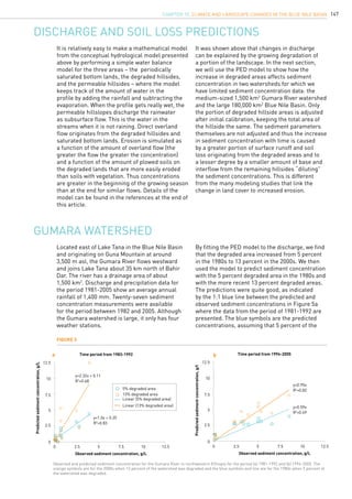 147
Discharge and soil loss predictions
It is relatively easy to make a mathematical model
from the conceptual hydrological model presented
above by performing a simple water balance
model for the three areas – the periodically
saturated bottom lands, the degraded hillsides,
and the permeable hillsides – where the model
keeps track of the amount of water in the
profile by adding the rainfall and subtracting the
evaporation. When the profile gets really wet, the
permeable hillslopes discharge the rainwater
as subsurface flow. This is the water in the
streams when it is not raining. Direct overland
flow originates from the degraded hillsides and
saturated bottom lands. Erosion is simulated as
a function of the amount of overland flow (the
greater the flow the greater the concentration)
and a function of the amount of plowed soils on
the degraded lands that are more easily eroded
than soils with vegetation. Thus concentrations
are greater in the beginning of the growing season
than at the end for similar flows. Details of the
model can be found in the references at the end of
this article.
It was shown above that changes in discharge
can be explained by the growing degradation of
a portion of the landscape. In the next section,
we will use the PED model to show how the
increase in degraded areas affects sediment
concentration in two watersheds for which we
have limited sediment concentration data: the
medium-sized 1,500 km2
Gumara River watershed
and the large 180,000 km2
Blue Nile Basin. Only
the portion of degraded hillside areas is adjusted
after initial calibration, keeping the total area of
the hillside the same. The sediment parameters
themselves are not adjusted and thus the increase
in sediment concentration with time is caused
by a greater portion of surface runoff and soil
loss originating from the degraded areas and to
a lesser degree by a smaller amount of base and
interflow from the remaining hillsides “diluting”
the sediment concentrations. This is different
from the many modeling studies that link the
change in land cover to increased erosion.
Gumara watershed
Located east of Lake Tana in the Blue Nile Basin
and originating on Guna Mountain at around
3,500 m asl, the Gumara River flows westward
and joins Lake Tana about 35 km north of Bahir
Dar. The river has a drainage area of about
1,500 km2
. Discharge and precipitation data for
the period 1981-2005 show an average annual
rainfall of 1,400 mm. Twenty-seven sediment
concentration measurements were available
for the period between 1982 and 2005. Although
the Gumara watershed is large, it only has four
weather stations.
Figure 5
Time period from 1983-1992
Observed sediment concentration, g/L
y=1.0x + 0.35
R2
=0.83
y=2.32x + 0.11
R2
=0.68
Predictedsedimentconcentration,g/L
12.5
10
7.5
5
2.5
0 2.5 5 7.5 10 12.5
0
5% degraded area
13% degraded area
Linear (5% degraded area)
Linear (13% degraded area)
a
Observed and predicted sediment concentration for the Gumara River in northwestern Ethiopia for the period (a) 1981-1992 and (b) 1994-2005. The
orange symbols are for the 2000s when 13 percent of the watershed was degraded and the blue symbols and line are for the 1980s when 5 percent of
the watershed was degraded.
Time period from 1994-2005
Observed sediment concentration, g/L
y=0.95x
R2
=0.82
y=0.59x
R2
=0.49
Predictedsedimentconcentration,g/l
12.5
10
7.5
5
2.5
0 2.5 5 7.5 10 12.5
0
b
By fitting the PED model to the discharge, we find
that the degraded area increased from 5 percent
in the 1980s to 13 percent in the 2000s. We then
used the model to predict sediment concentration
with the 5 percent degraded area in the 1980s and
with the more recent 13 percent degraded areas.
The predictions were quite good, as indicated
by the 1:1 blue line between the predicted and
observed sediment concentrations in Figure 5a
where the data from the period of 1981-1992 are
presented. The blue symbols are the predicted
concentrations, assuming that 5 percent of the
CHAPTER 15. Climate and landscape changes in the Blue Nile Basin
 