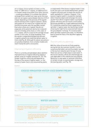 159
or evaporated. If the excess irrigation water is lost
to the sea and is not reused downstream, greater
irrigation efficiency will increase the volume of
water available for irrigation. However, if the
excess irrigation water is reused (for example
when it leaches down and recharges the same
aquifer from which irrigation water is pumped)
greater efficiency will not result in more water
becoming available to irrigate additional land (Fig.
9). It should be noted that direct evaporation of
sprinkler irrigation water during the day instead
of during the night forms a loss and will reduce
the groundwater recharge. To conserve water
when sprinkler systems are used, it is therefore
best to avoid the heat of the day when applying
irrigation.
Tourism and city planning
With the influx of tourists on Crete peaking
during the hot, dry summer months, it is not
surprising that water use and thus water savings
in the tourism industry catch the eye of many.
There are various simple ways to save water in
the tourist industry, which are interestingly not
only applicable in this industry but also beyond.
Measures to save water or promote infiltration
of rainfall include increasing water storage and
decreasing water use (Fig. 10).
of 1.4 m/year. Since rainfall on Crete is in the
order of 1,000 mm or 1 m/year, an additional 0.4
m of water needs to be drawn from other sources
– usually groundwater. It is unlikely that natural
recharge (from rainfall) can make up for this loss
and one can expect a groundwater decline of 0.5-2
m/year depending on the porosity of the aquifer
and the density of the irrigation systems. Olives
and grapes do not need to be irrigated and can
therefore be grown with the available rainfall.
Even when olives are irrigated, they do not
evaporate at the potential rate but at a reduced
rate of 3 mm/day at the most or in the order of
1-1.1 m/year, which is close to the average annual
rainfall. In this case, no large drawdown from
the aquifer is expected provided that efficient
irrigation systems are used that deliver water to
trees only (Fig. 8). Although the above calculations
are greatly simplified, more complex models will
reach nearly the same conclusions.
Improving irrigation efficiency
There is currently a broad debate about whether
improvements in irrigation efficiency lead to a
greater areal of irrigable land (see Ch. 12). The
answer might be surprising and depends on
the fate of the excess irrigation water, i.e. the
amount of water that is not consumed by plants
Figure 9
Figure 10
Overview of possible water-saving measures in the tourism sector and in other city planning.
EXCESS IRRIGATION WATER USED DOWNSTREAM?
YES
Greater irrigaton efficiency
will not increase volume of
water available for irrigation
Greater irrigation efficiency
will increase volume of water
available for irrigation
NO
WATER SAVINGS
Rainwater harvesting from roofs,
grey water use in toilets and for
irrigation
Use of drought-tolerant (native)
species in gardens, parks and
golf courses
In golf course construction, use
narrower fairways and greens,
and select appropriate soil
material
Use of water-saving toilets,
showerheads, faucets
Stimulate reuse of towels and
bed linen
Effects of increased irrigation efficiency on water availability depending on the fate of excess irrigation water.
CHAPTER 17. Competing Claims on Water and Potential Solutions
 