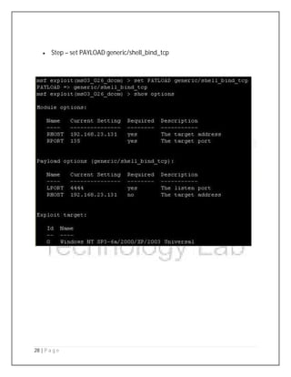 28 | P a g e
 Step – set PAYLOAD generic/shell_bind_tcp
 