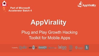 AppVirality
Plug and Play Growth Hacking
Toolkit for Mobile Apps
Part of Microsoft
Accelerator Batch 4
 