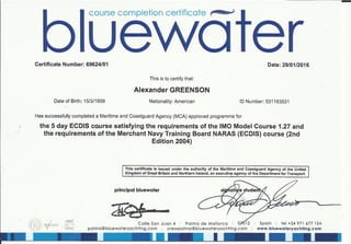 Alexander Greenson's ECDIS Certificate Jan. 2016