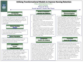 Utilizing Transformational Models to Improve Nursing Retention
Analysis of the Organization for Associate Degree
Nursing’s (OADN) systemic approach to improving
environmental conditions affecting retention rates in
the nursing profession both clinically and
academically.
College of Health & Human Services
School of Nursing
Morgan D. Davis
Faculty Sponsor: Charles ‘Wes’ Foster
Patient population includes currently licensed and
practicing professional registered nurses within
healthcare organizations globally.
Founded By Professor Donna Meyer, MSN, RN,
ANEF (1984), the OADN is nationally recognized as
the ‘voice’ for Associate Degree Nursing (ADN).
OADN promotes and attains through
Transformational Leadership. Additionally, OADN
relentlessly strives to aid and develop “The Future of
Nursing” applying the Transformational Model.
How does transformational leadership compared to
other leadership models influence nursing
professional retention rates?
Clinical Question
PICO(T)
Intervention
Current
Policy/Procedure
Introduction
Purpose of the Project
Patient Population
Review of Literature
Appraise the Evidence
Cummings et al. (2011) identified 24 studies that found
that transformational leadership behaviors – focusing
on people and relationships – were associated with
higher retention rates. A comparative 10 studies found
that leadership focused on the tasks of those staffed
were associated with lower retention rates. To address
gaps found in Transformational Leadership practices,
such as: Comprehensive Solutions, Organizational
Culture, and Focused Individual – leaders within
organizations lead with Transformation must also
develop complex leadership behaviors understanding
both interconnectedness and change as the “new
norm” in today’s healthcare environment.
Comparison
Acquire the Evidence
Leadership challenges to implementing change can
present complexities which are congruent with individual
organizational infrastructures. An article on Executive
Leadership Challenges outlines six challenges to
implementing systemic change, and how to prepare and
facilitate for maximal outcome (Alvarez, A., 2016). The
2015 Accreditation and Academic Progression in Nursing
(APIN) Meeting OADN CEO Professor Donna Meyer –
also an APIN Official – participated in change
discussions which indicated that the current standards
allow for most aspects of the innovative academic
progression in nursing models. OADN regularly
participates in clarification of standards, updates to
theoretical processes, and enhances education of site
visitors to include emerging strategies across the country.
Proposed Best Practice
Recommendations
Apply the Evidence
Relationship-focused leadership practices, more
specifically Transformational Leadership
practices, have a positive influence on nursing
and job satisfaction, organizational commitment,
and intent to stay in current roles – all of which
translates to higher nurse retentions (Abualrub
& Alghamdi, 2012; Cummings et al., 2011). The
American Organization of Nurse Executives
(AONE) has developed two applicable
documents addressing retention, designed to
assist nurse leaders in addressing issues in
healthcare (AONE, 2016)
Conclusion
Assess the Outcomes
• Studies have specifically identified transformational
leadership behaviors compared to transactional
leadership behaviors as having a direct, positive
impact on RN retention rates (Abualrub, R. F., &
Alghamdi, M. G., 2012).
• A systemic review of 23 studies and found positive
relations between transformational leadership and
RNs’ intentions to remain in their currently held
positions (Cowden, T., Cummings, G., & Profetto-
McGrath, J., 2011).
• Evidence of transformational leadership is a critical
component for Magnet recognition, and obtaining
this recognition for all health care facilities in the
current system is a corporative initiative. Supporting
evidence shows that Magnet hospitals have higher
percentages of satisfied RNs, lower RN turnover and
vacancies (AONE, 2016).
 