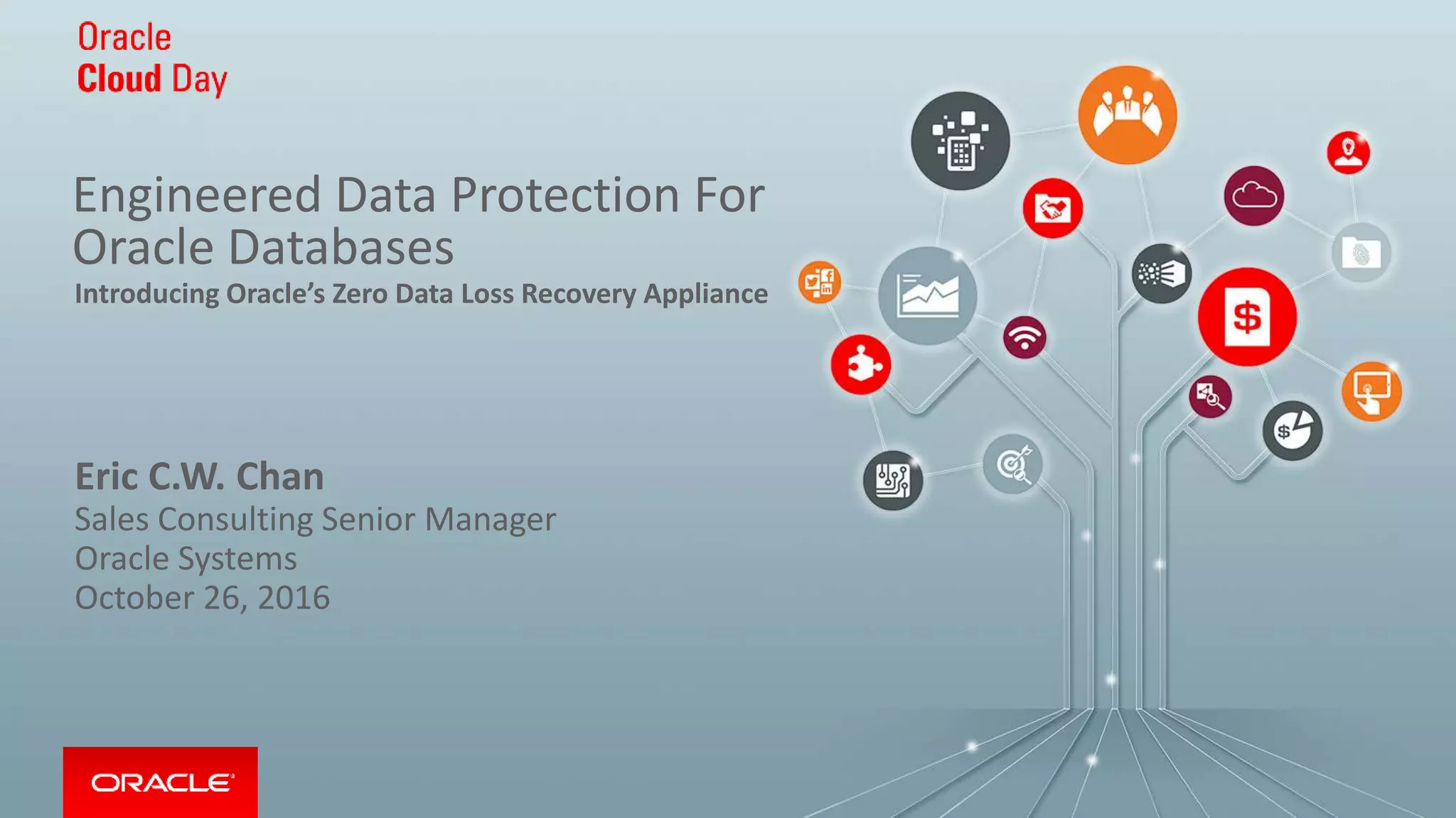 Engineered Data Protection For
Oracle Databases
Eric C.W. Chan
Sales Consulting Senior Manager
Oracle Systems
October 26, 2016
Introducing Oracle’s Zero Data Loss Recovery Appliance
 