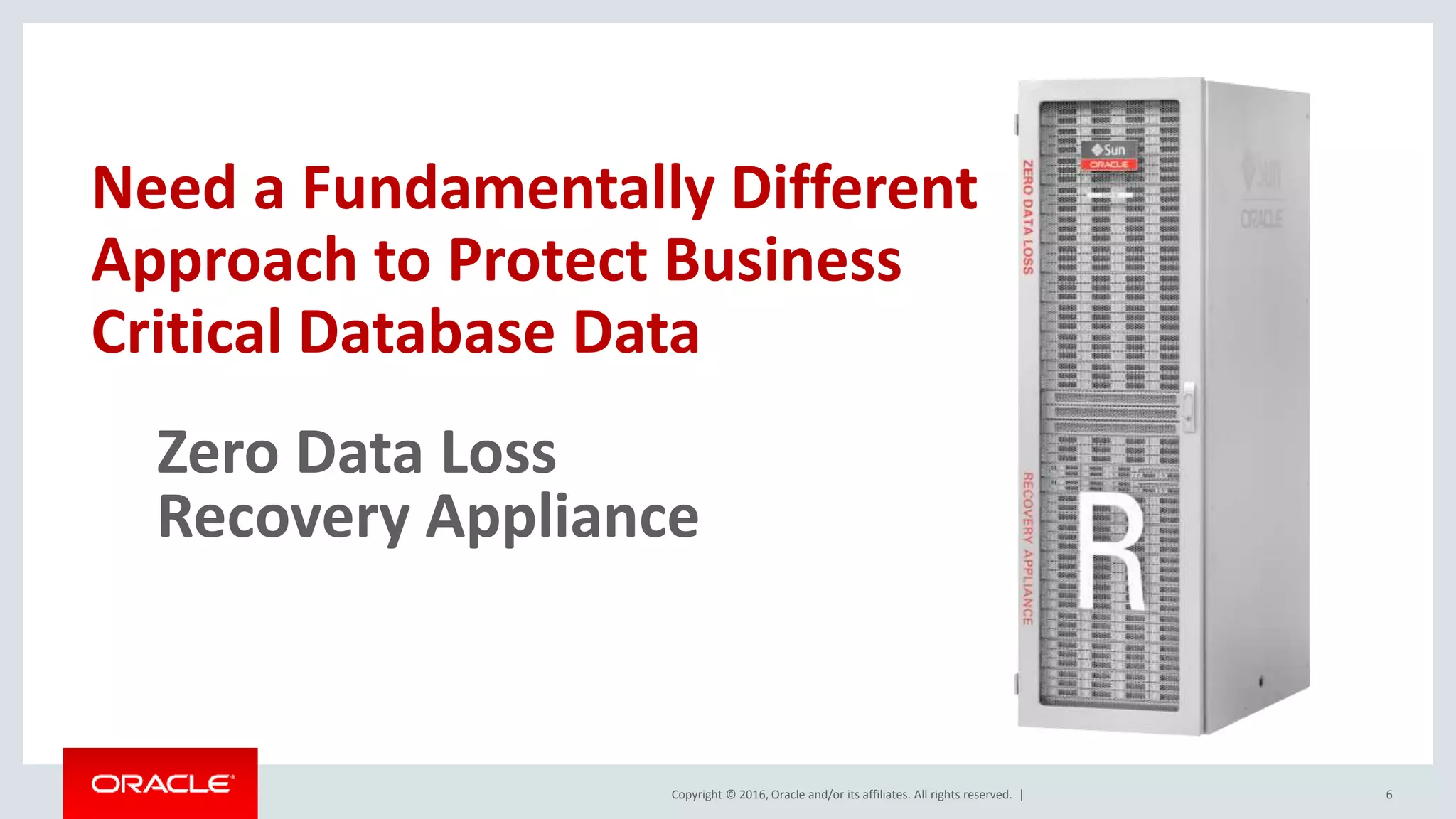 Copyright © 2016, Oracle and/or its affiliates. All rights reserved. |
Zero Data Loss
Recovery Appliance
Need a Fundamentally Different
Approach to Protect Business
Critical Database Data
6
 