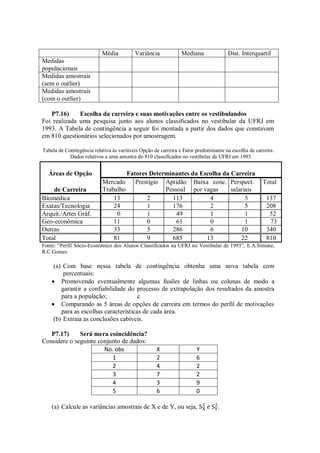 Média Variância Mediana Dist. Interquartil
Medidas
populacionais
Medidas amostrais
(sem o outlier)
Medidas amostrais
(com o outlier)
P7.16) Escolha da carreira e suas motivações entre os vestibulandos
Foi realizada uma pesquisa junto aos alunos classificados no vestibular da UFRJ em
1993. A Tabela de contingência a seguir foi montada a partir dos dados que constavam
em 810 questionários selecionados por amostragem.
Tabela de Contingência relativa às variáveis Opção de carreira e Fator predominante na escolha de carreira.
Dados relativos a uma amostra do 810 classificados no vestibular da UFRJ em 1993
Áreas de Opção Fatores Determinantes da Escolha da Carreira
de Carreira
Mercado
Trabalho
Prestígio Aptidão
Pessoal
Baixa conc.
por vagas
Perspect.
salariais
Total
Biomédica 13 2 113 4 5 137
Exatas/Tecnologia 24 1 176 2 5 208
Arquit./Artes Gráf. 0 1 49 1 1 52
Geo-econômica 11 0 61 0 1 73
Outras 33 5 286 6 10 340
Total 81 9 685 13 22 810
Fonte: “Perfil Sócio-Econômico dos Alunos Classificados na UFRJ no Vestibular de 1993”, E.A.Simone,
R.C.Gomes
(a) Com base nessa tabela de contingência obtenha uma nova tabela com
percentuais:
 Promovendo eventualmente algumas fusões de linhas ou colunas de modo a
garantir a confiabilidade do processo de extrapolação dos resultados da amostra
para a população; e
 Comparando as 5 áreas de opções de carreira em termos do perfil de motivações
para as escolhas características de cada área.
(b) Extraia as conclusões cabíveis.
P7.17) Será mera coincidência?
Considere o seguinte conjunto de dados:
No. obs X Y
1 2 6
2 4 2
3 7 2
4 3 9
5 6 0
(a) Calcule as variâncias amostrais de X e de Y, ou seja, .
 