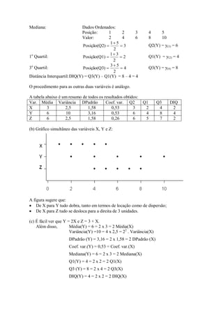 Mediana: Dados Ordenados:
Posição: 1 2 3 4 5
Valor: 2 4 6 8 10
3
2
5
1
)
Posição(Q2 

 Q2(Y) = y(3) = 6
1o
Quartil: 2
2
3
1
)
Posição(Q1 

 Q1(Y) = y(2) = 4
3o
Quartil: 4
2
5
3
)
Posição(Q3 

 Q3(Y) = y(4) = 8
Distância Interquartil:DIQ(Y) = Q3(Y) – Q1(Y) = 8 – 4 = 4
O procedimento para as outras duas variáveis é análogo.
A tabela abaixo é um resumo de todos os resultados obtidos:
Var. Média Variância DPadrão Coef. var. Q2 Q1 Q3 DIQ
X 3 2,5 1,58 0,53 3 2 4 2
Y 6 10 3,16 0,53 6 4 8 4
Z 6 2,5 1,58 0,26 6 5 7 2
(b) Gráfico simultâneo das variáveis X, Y e Z:
A figura sugere que:
 De X para Y tudo dobra, tanto em termos de locação como de dispersão;
 De X para Z tudo se desloca para a direita de 3 unidades.
(c) É fácil ver que Y = 2X e Z = 3 + X.
Além disso, Média(Y) = 6 = 2 x 3 = 2 Média(X)
Variância(Y) =10 = 4 x 2,5 = 22
. Variância(X)
DPadrão (Y) = 3,16 = 2 x 1,58 = 2 DPadrão (X)
Coef. var.(Y) = 0,53 = Coef. var.(X)
Mediana(Y) = 6 = 2 x 3 = 2 Mediana(X)
Q1(Y) = 4 = 2 x 2 = 2 Q1(X)
Q3 (Y) = 8 = 2 x 4 = 2 Q3(X)
DIQ(Y) = 4 = 2 x 2 = 2 DIQ(X)
 