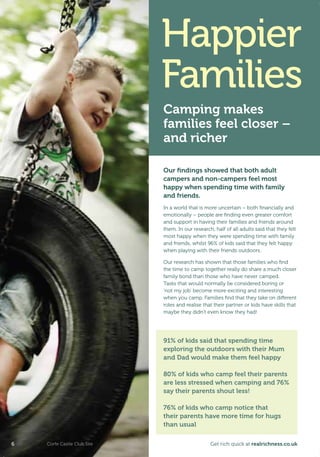 91% of kids said that spending time
exploring the outdoors with their Mum
and Dad would make them feel happy
80% of kids who camp feel their parents
are less stressed when camping and 76%
say their parents shout less!
76% of kids who camp notice that
their parents have more time for hugs
than usual
Our ﬁndings showed that both adult
campers and non-campers feel most
happy when spending time with family
and friends.
In a world that is more uncertain – both ﬁnancially and
emotionally – people are ﬁnding even greater comfort
and support in having their families and friends around
them. In our research, half of all adults said that they felt
most happy when they were spending time with family
and friends, whilst 96% of kids said that they felt happy
when playing with their friends outdoors.
Our research has shown that those families who ﬁnd
the time to camp together really do share a much closer
family bond than those who have never camped.
Tasks that would normally be considered boring or
‘not my job’ become more exciting and interesting
when you camp. Families ﬁnd that they take on different
roles and realise that their partner or kids have skills that
maybe they didn’t even know they had!
Happier
Families
Camping makes
families feel closer –
and richer
Corfe Castle Club Site66 Get rich quick at realrichness.co.uk
T8C_M040_RealRichness_Phase3_245x170_16pp.indd 6 25/03/2011 16:18
 