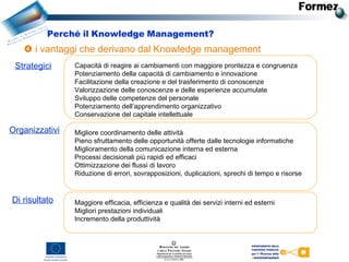  i vantaggi che derivano dal Knowledge management   
Perché il Knowledge Management?
Capacità di reagire ai cambiamenti con maggiore prontezza e congruenza
Potenziamento della capacità di cambiamento e innovazione
Facilitazione della creazione e del trasferimento di conoscenze
Valorizzazione delle conoscenze e delle esperienze accumulate
Sviluppo delle competenze del personale
Potenziamento dell’apprendimento organizzativo
Conservazione del capitale intellettuale
Strategici
Maggiore efficacia, efficienza e qualità dei servizi interni ed esterni
Migliori prestazioni individuali
Incremento della produttività
Organizzativi Migliore coordinamento delle attività
Pieno sfruttamento delle opportunità offerte dalle tecnologie informatiche
Miglioramento della comunicazione interna ed esterna
Processi decisionali più rapidi ed efficaci
Ottimizzazione dei flussi di lavoro
Riduzione di errori, sovrapposizioni, duplicazioni, sprechi di tempo e risorse
Di risultato
 
