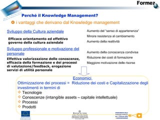  i vantaggi che derivano dal Knowledge management
Perché il Knowledge Management?
Economici
Ottimizzazione dei processi = Riduzione dei costi e Capitalizzazione degli
investimenti in termini di
 Tecnologie
 Conoscenze (intangible assets – capitale intellettuale)
 Processi
 Prodotti
Sviluppo della Cultura aziendale
Efficace orientamento ed effettivo
governo della cultura aziendale
Aumento del “senso di appartenenza”
Minore resistenza al cambiamento
Aumento della reattività
Sviluppo professionale e motivazione del
personale
Effettiva valorizzazione delle conoscenze,
efficacia della formazione e dei processi
di valutazione/feedback, erogazione
servizi di utilità personale
Aumento della conoscenza condivisa
Riduzione dei costi di formazione
Maggiore motivazione delle risorse
 