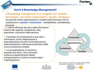 Cos’è il Knowledge Management?
Il Knowledge management è un progetto non soltanto
tecnologico, ma anche organizzativo, sociale, strategico
che permea l’intera organizzazione e impatta sulle dimensioni che ne
costituiscono il capitale intellettuale : competenze, conoscenze,
processi.
 L’utilizzo efficiente dei dati e delle informazioni
insieme alle capacità, competenze, idee,
esperienze, motivazioni delle persone
 Il processo di comprensione di quei dati e
informazioni, la loro rielaborazione e
sistematizzazione ed infine la formalizzazione,
esternalizzazione e diffusione/condivisione della
nuova conoscenza prodotta
 La consapevolezza, la coscienza
acquisita che deriva da un processo
continuo di apprendimento basato
sull’acquisizione di nozioni sul piano logico
e dell’esperienza
(Da un articolo di J. Cavalli “La convergenza del knowledge
management e dell’elearning” – Librishop 2002)
Processi
Conoscenza
Competenze
Apprendimento
 