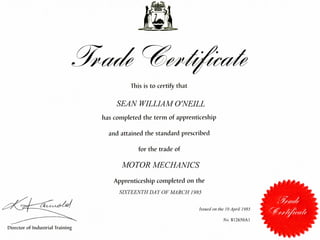 This is to certify that
SEAN WILLIAMONEILL
has completed the term of apprenticeship
and attained the standard prescribed
for the trade of
MOTOR MECHANICS
 