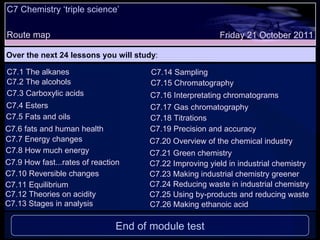 C7 Chemistry ‘triple science’  Route map Over the next 24 lessons you will study : Friday 21 October 2011 C7.1 The alkanes C7.2 The alcohols C7.3 Carboxylic acids C7.4 Esters End of module test C7.5 Fats and oils C7.7 Energy changes C7.15 Chromatography C7.16 Interpretating chromatograms C7.17 Gas chromatography C7.18 Titrations C7.8 How much energy C7.9 How fast...rates of reaction C7.10 Reversible changes C7.11 Equilibrium C7.19 Precision and accuracy C7.20 Overview of the chemical industry C7.21 Green chemistry C7.22 Improving yield in industrial chemistry C7.12 Theories on acidity C7.13 Stages in analysis C7.23 Making industrial chemistry greener C7.24 Reducing waste in industrial chemistry C7.6 fats and human health C7.14 Sampling C7.25 Using by-products and reducing waste C7.26 Making ethanoic acid 