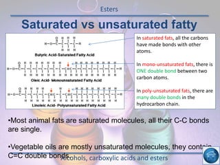 Esters
Alcohols, carboxylic acids and esters
Saturated vs unsaturated fatty
acids In saturated fats, all the carbons
have made bonds with other
atoms.
In mono-unsaturated fats, there is
ONE double bond between two
carbon atoms.
In poly-unsaturated fats, there are
many double bonds in the
hydrocarbon chain.
•Most animal fats are saturated molecules, all their C-C bonds
are single.
•Vegetable oils are mostly unsaturated molecules, they contain
C=C double bonds.
 