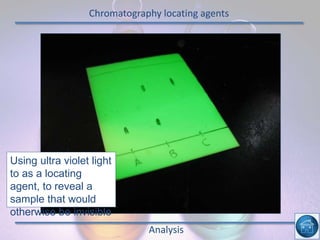 Chromatography locating agents
Analysis
Using ultra violet light
to as a locating
agent, to reveal a
sample that would
otherwise be invisible
 