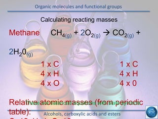 Organic molecules and functional groups
Alcohols, carboxylic acids and esters
Calculating reacting masses
Methane CH4(g) + 2O2(g)  CO2(g) +
2H20(g)
1 x C 1 x C
4 x H 4 x H
4 x O 4 x 0
Relative atomic masses (from periodic
table):
These are balanced equations with state symbols
 