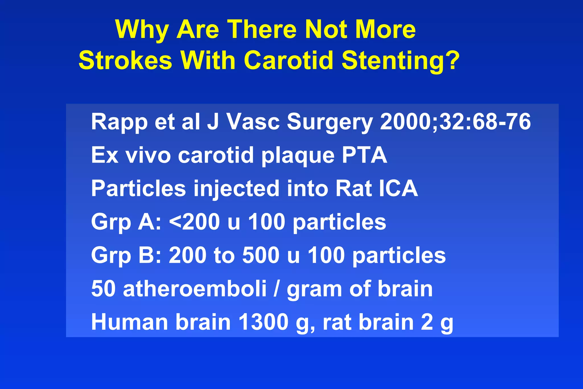 Why Are There Not More
Strokes With Carotid Stenting?
Rapp et al J Vasc Surgery 2000;32:68-76
Ex vivo carotid plaque PTA
Particles injected into Rat ICA
Grp A: <200 u 100 particles
Grp B: 200 to 500 u 100 particles
50 atheroemboli / gram of brain
Human brain 1300 g, rat brain 2 g
 