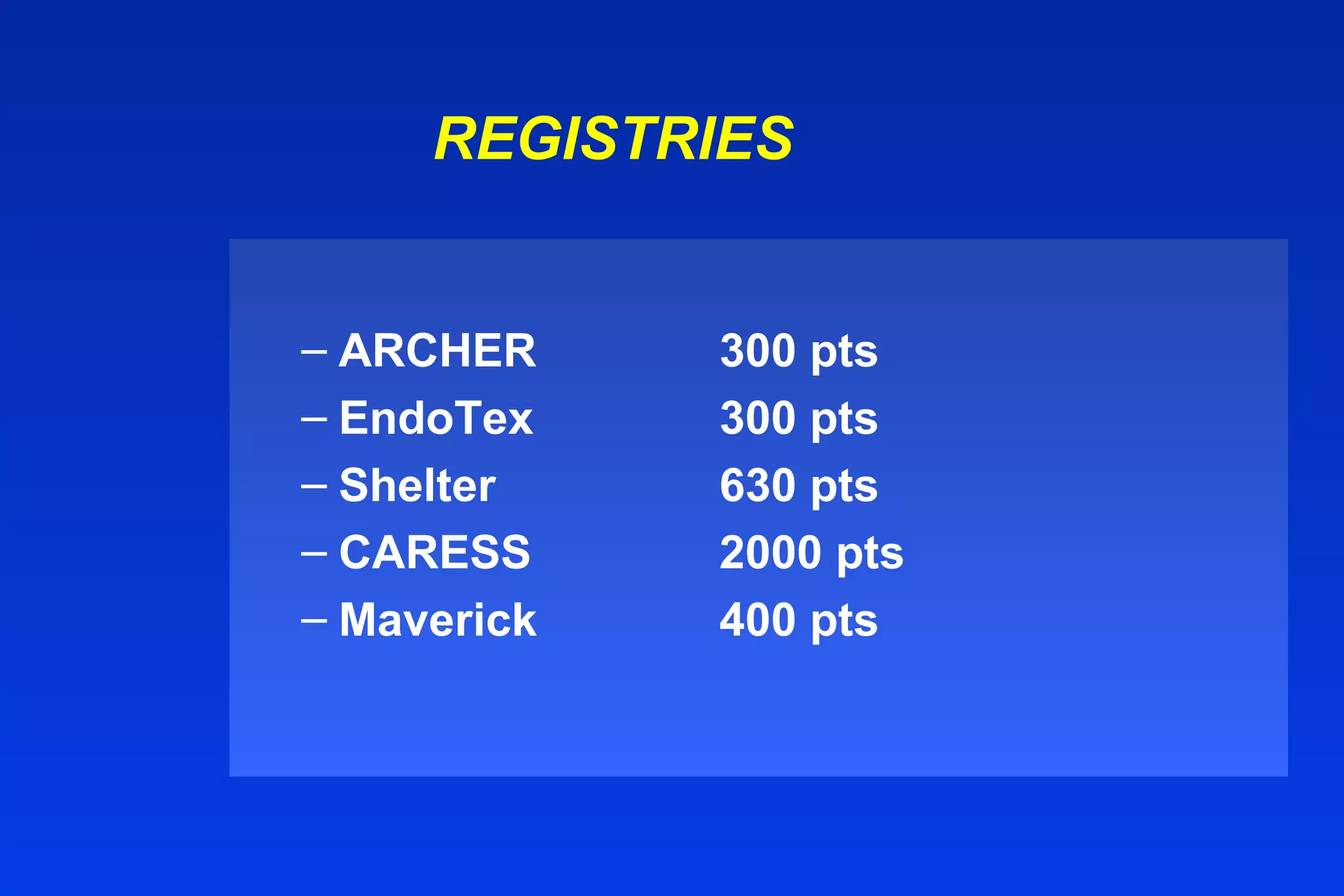 REGISTRIES
– ARCHER 300 pts
– EndoTex 300 pts
– Shelter 630 pts
– CARESS 2000 pts
– Maverick 400 pts
 