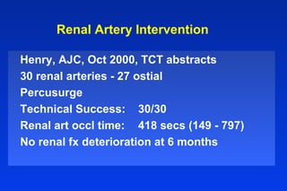 Renal Artery Intervention
Henry, AJC, Oct 2000, TCT abstracts
30 renal arteries - 27 ostial
Percusurge
Technical Success: 30/30
Renal art occl time: 418 secs (149 - 797)
No renal fx deterioration at 6 months
 