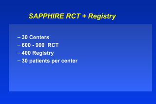 SAPPHIRE RCT + Registry
– 30 Centers
– 600 - 900 RCT
– 400 Registry
– 30 patients per center
 