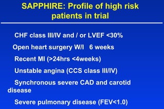 SAPPHIRE: Profile of high risk
patients in trial
CHF class III/IV and / or LVEF <30%
Open heart surgery W/I 6 weeks
Recent MI (>24hrs <4weeks)
Unstable angina (CCS class III/IV)
Synchronous severe CAD and carotid
disease
Severe pulmonary disease (FEV<1.0)
 