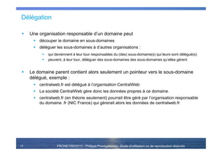 PRONETIS©2013 - Philippe Prestigiacomo - Droits d'utilisation ou de reproduction réservés
Délégation
Une organisation responsable d’un domaine peut
découper le domaine en sous-domaines
déléguer les sous-domaines à d’autres organisations :
qui deviennent à leur tour responsables du (des) sous-domaine(s) qui leurs sont délégué(s)
peuvent, à leur tour, déléguer des sous-domaines des sous-domaines qu’elles gèrent
Le domaine parent contient alors seulement un pointeur vers le sous-domaine
délégué, exemple :
centralweb.fr est délégué à l’organisation CentralWeb
La société CentralWeb gère donc les données propres à ce domaine.
centralweb.fr (en théorie seulement) pourrait être géré par l’organisation responsable
du domaine .fr (NIC France) qui gèrerait alors les données de centralweb.fr
12
 
