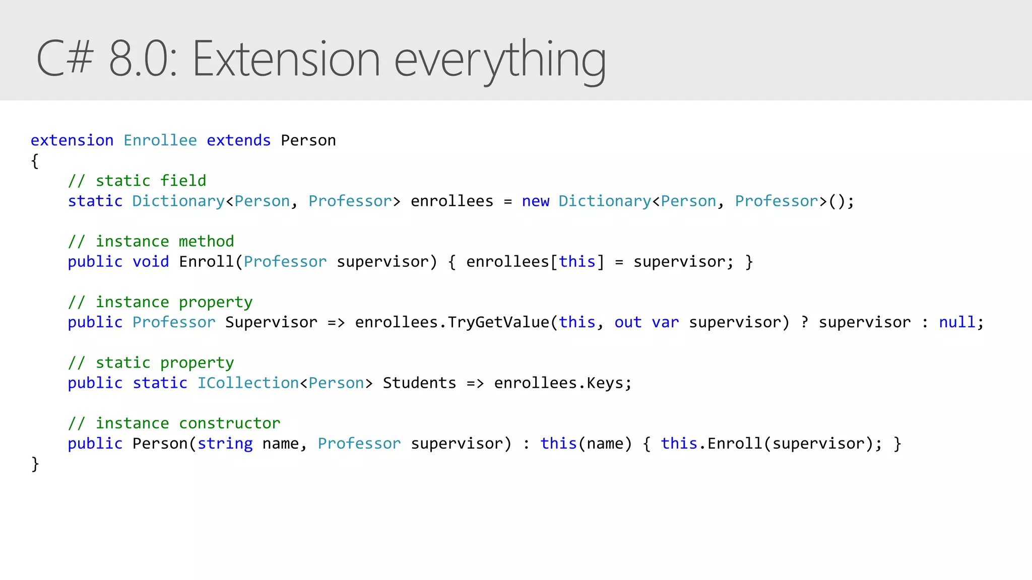 extension Enrollee extends Person
{
// static field
static Dictionary<Person, Professor> enrollees = new Dictionary<Person, Professor>();
// instance method
public void Enroll(Professor supervisor) { enrollees[this] = supervisor; }
// instance property
public Professor Supervisor => enrollees.TryGetValue(this, out var supervisor) ? supervisor : null;
// static property
public static ICollection<Person> Students => enrollees.Keys;
// instance constructor
public Person(string name, Professor supervisor) : this(name) { this.Enroll(supervisor); }
}
 