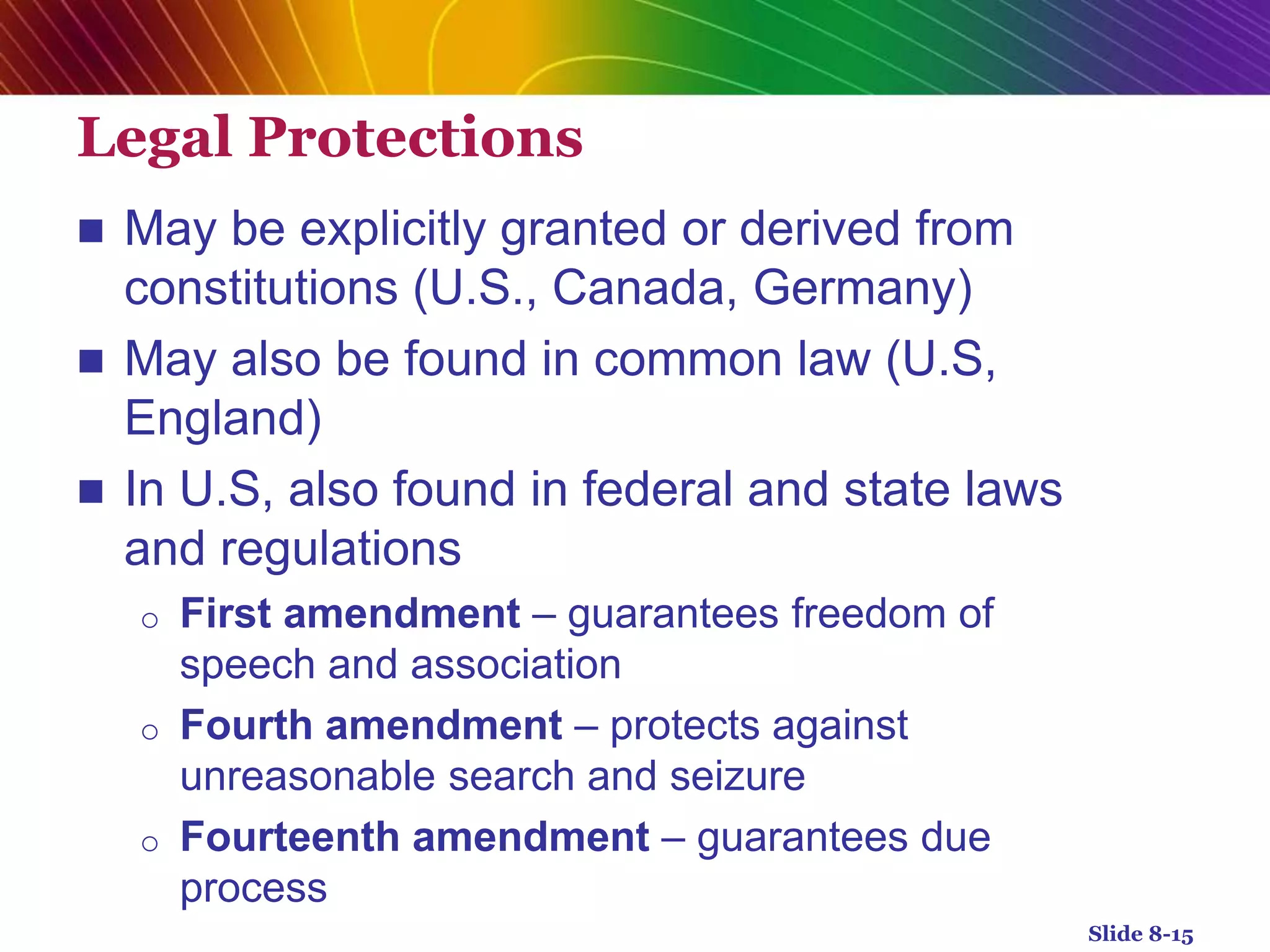 Legal Protections
 May be explicitly granted or derived from
constitutions (U.S., Canada, Germany)
 May also be found in common law (U.S,
England)
 In U.S, also found in federal and state laws
and regulations
o First amendment – guarantees freedom of
speech and association
o Fourth amendment – protects against
unreasonable search and seizure
o Fourteenth amendment – guarantees due
process
Slide 8-15
 