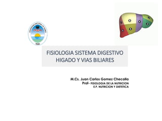 FISIOLOGIA SISTEMA DIGESTIVO
HIGADO Y VIAS BILIARES
M.Cs. Juan Carlos Gomez Checalla
Prof- FISIOLOGIA DE LA NUTRICION
E.P. NUTRICION Y DIETETICA
 