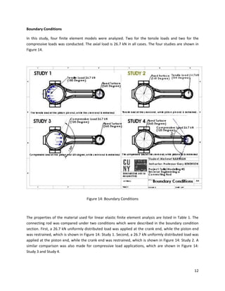 12
Boundary Conditions
In this study, four finite element models were analyzed. Two for the tensile loads and two for the
compressive loads was conducted. The axial load is 26.7 kN in all cases. The four studies are shown in
Figure 14.
Figure 14: Boundary Conditions
The properties of the material used for linear elastic finite element analysis are listed in Table 1. The
connecting rod was compared under two conditions which were described in the boundary condition
section. First, a 26.7 kN uniformly distributed load was applied at the crank end, while the piston end
was restrained, which is shown in Figure 14: Study 1. Second, a 26.7 kN uniformly distributed load was
applied at the piston end, while the crank end was restrained, which is shown in Figure 14: Study 2. A
similar comparison was also made for compressive load applications, which are shown in Figure 14:
Study 3 and Study 4.
 