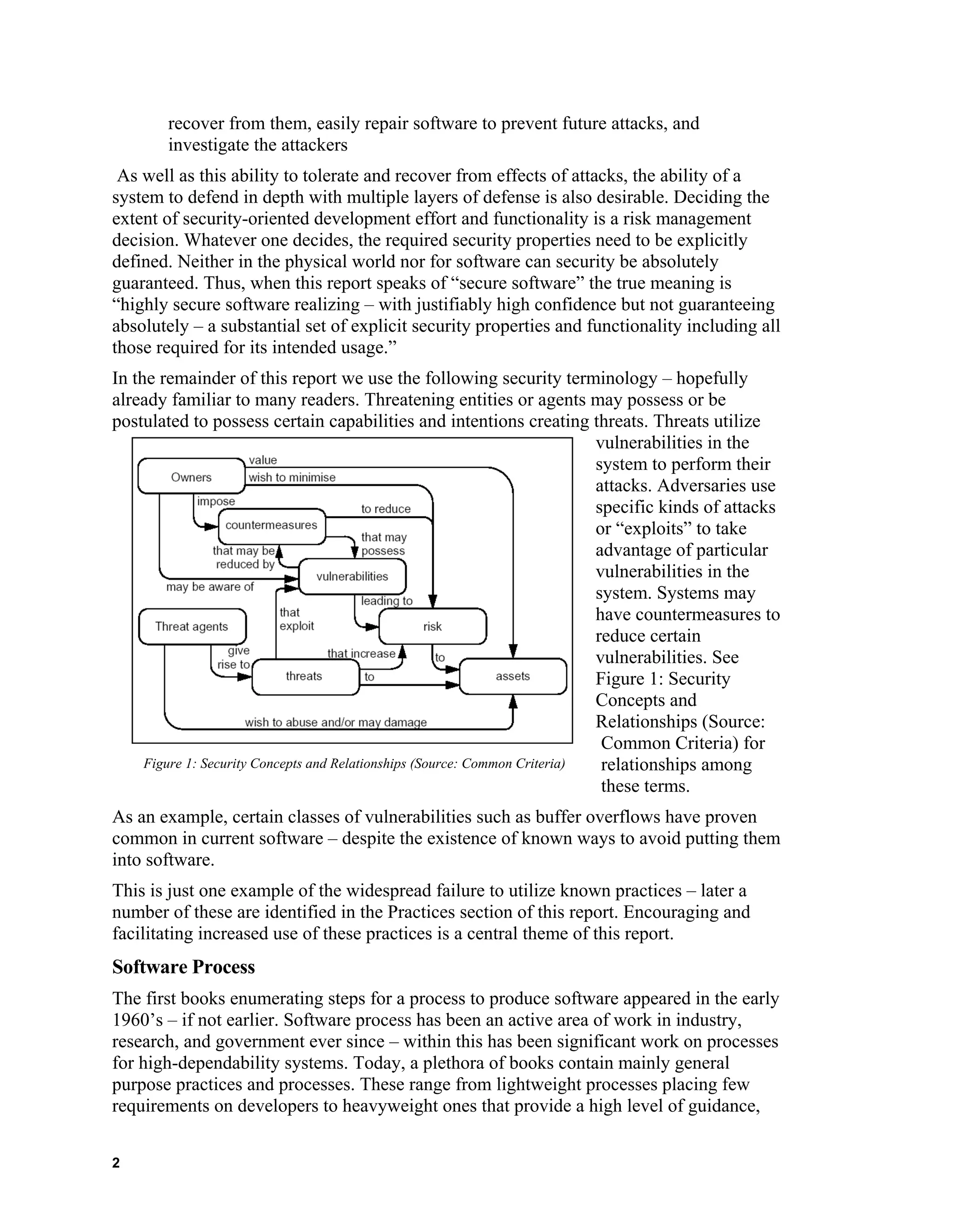 recover from them, easily repair software to prevent future attacks, and
investigate the attackers
As well as this ability to tolerate and recover from effects of attacks, the ability of a
system to defend in depth with multiple layers of defense is also desirable. Deciding the
extent of security-oriented development effort and functionality is a risk management
decision. Whatever one decides, the required security properties need to be explicitly
defined. Neither in the physical world nor for software can security be absolutely
guaranteed. Thus, when this report speaks of “secure software” the true meaning is
“highly secure software realizing – with justifiably high confidence but not guaranteeing
absolutely – a substantial set of explicit security properties and functionality including all
those required for its intended usage.”
In the remainder of this report we use the following security terminology – hopefully
already familiar to many readers. Threatening entities or agents may possess or be
postulated to possess certain capabilities and intentions creating threats. Threats utilize
vulnerabilities in the
system to perform their
attacks. Adversaries use
specific kinds of attacks
or “exploits” to take
advantage of particular
vulnerabilities in the
system. Systems may
have countermeasures to
reduce certain
vulnerabilities. See
Figure 1: Security
Concepts and
Relationships (Source:
Common Criteria) for
relationships among
these terms.
Figure 1: Security Concepts and Relationships (Source: Common Criteria)
As an example, certain classes of vulnerabilities such as buffer overflows have proven
common in current software – despite the existence of known ways to avoid putting them
into software.
This is just one example of the widespread failure to utilize known practices – later a
number of these are identified in the Practices section of this report. Encouraging and
facilitating increased use of these practices is a central theme of this report.
Software Process
The first books enumerating steps for a process to produce software appeared in the early
1960’s – if not earlier. Software process has been an active area of work in industry,
research, and government ever since – within this has been significant work on processes
for high-dependability systems. Today, a plethora of books contain mainly general
purpose practices and processes. These range from lightweight processes placing few
requirements on developers to heavyweight ones that provide a high level of guidance,
2
 