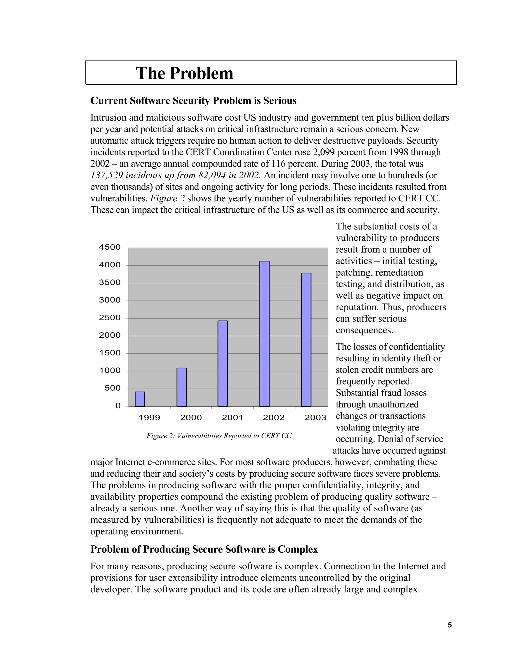 The Problem
Current Software Security Problem is Serious
Intrusion and malicious software cost US industry and government ten plus billion dollars
per year and potential attacks on critical infrastructure remain a serious concern. New
automatic attack triggers require no human action to deliver destructive payloads. Security
incidents reported to the CERT Coordination Center rose 2,099 percent from 1998 through
2002 – an average annual compounded rate of 116 percent. During 2003, the total was
137,529 incidents up from 82,094 in 2002. An incident may involve one to hundreds (or
even thousands) of sites and ongoing activity for long periods. These incidents resulted from
vulnerabilities. Figure 2 shows the yearly number of vulnerabilities reported to CERT CC.
These can impact the critical infrastructure of the US as well as its commerce and security.
The substantial costs of a
vulnerability to producers
result from a number of
activities – initial testing,
patching, remediation
testing, and distribution, as
well as negative impact on
reputation. Thus, producers
can suffer serious
consequences.
The losses of confidentiality
resulting in identity theft or
stolen credit numbers are
frequently reported.
Substantial fraud losses
through unauthorized
changes or transactions
violating integrity are
occurring. Denial of service
attacks have occurred against
major Internet e-commerce sites. For most software producers, however, combating these
and reducing their and society’s costs by producing secure software faces severe problems.
The problems in producing software with the proper confidentiality, integrity, and
availability properties compound the existing problem of producing quality software –
already a serious one. Another way of saying this is that the quality of software (as
measured by vulnerabilities) is frequently not adequate to meet the demands of the
operating environment.
0
500
1000
1500
2000
2500
3000
3500
4000
4500
1999 2000 2001 2002 2003
Figure 2: Vulnerabilities Reported to CERT CC
Problem of Producing Secure Software is Complex
For many reasons, producing secure software is complex. Connection to the Internet and
provisions for user extensibility introduce elements uncontrolled by the original
developer. The software product and its code are often already large and complex
5
 