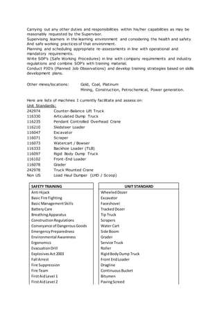 Carrying out any other duties and responsibilities within his/her capabilities as may be
reasonably requested by the Supervisor.
Supervising learners in the learning environment and considering the health and safety
And safe working practices of that environment.
Planning and scheduling appropriate re-assessments in line with operational and
mandatory requirements.
Write SOP’s (Safe Working Procedures) in line with company requirements and industry
regulations and combine SOP’s with training material.
Conduct PJO’s (Planned Job Observations) and develop training strategies based on skills
development plans.
Other mines/locations: Gold, Coal, Platinum
Mining, Construction, Petrochemical, Power generation.
Here are lists of machines I currently facilitate and assess on:
Unit Standards:
242974 Counter-Balance Lift Truck
116330 Articulated Dump Truck
116235 Pendant Controlled Overhead Crane
116210 Skidsteer Loader
116047 Excavator
116071 Scraper
116073 Watercart / Bowser
116333 Backhoe Loader (TLB)
116097 Rigid Body Dump Truck
116102 Front-End Loader
116078 Grader
242978 Truck Mounted Crane
Non US Load Haul Dumper (LHD / Scoop)
SAFETY TRAINING UNIT STANDARD
Anti Hijack WheeledDozer
Basic Fire Fighting Excavator
Basic ManagementSkills Faceshovel
BatteryCare TrackedDozer
BreathingApparatus Tip Truck
ConstructionRegulations Scrapers
Conveyance of DangerousGoods Water Cart
EmergencyPreparedness Side Boom
Environmental Awareness Grader
Ergonomics Service Truck
EvacuationDrill Roller
ExplosivesAct2003 RigidBodyDump Truck
Fall Arrest Front EndLoader
Fire Suppression Dragline
Fire Team ContinuousBucket
FirstAidLevel 1 Bitumen
FirstAidLevel 2 PavingScreed
 