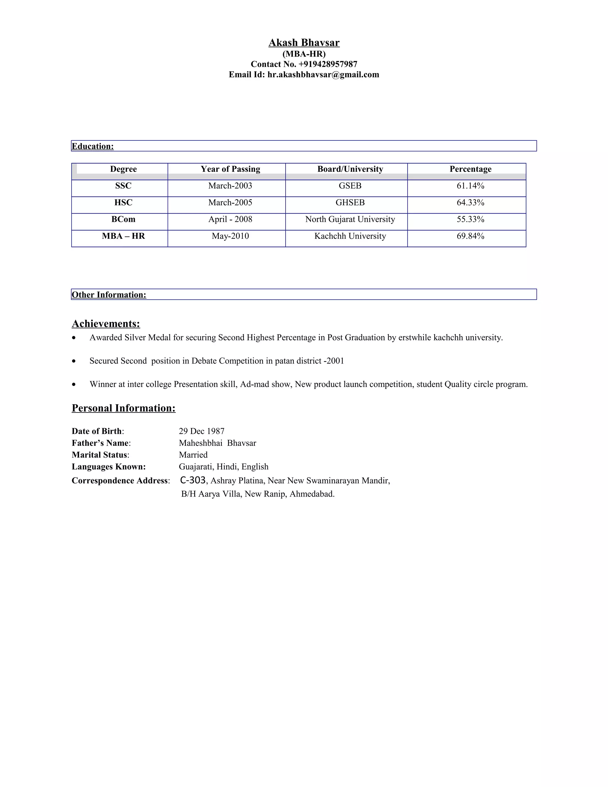 Akash Bhavsar
(MBA-HR)
Contact No. +919428957987
Email Id: hr.akashbhavsar@gmail.com
Education:
Degree Year of Passing Board/University Percentage
SSC March-2003 GSEB 61.14%
HSC March-2005 GHSEB 64.33%
BCom April - 2008 North Gujarat University 55.33%
MBA – HR May-2010 Kachchh University 69.84%
Other Information:
Achievements:
• Awarded Silver Medal for securing Second Highest Percentage in Post Graduation by erstwhile kachchh university.
• Secured Second position in Debate Competition in patan district -2001
• Winner at inter college Presentation skill, Ad-mad show, New product launch competition, student Quality circle program.
Personal Information:
Date of Birth: 29 Dec 1987
Father’s Name: Maheshbhai Bhavsar
Marital Status: Married
Languages Known: Guajarati, Hindi, English
Correspondence Address: C-303, Ashray Platina, Near New Swaminarayan Mandir,
B/H Aarya Villa, New Ranip, Ahmedabad.
 