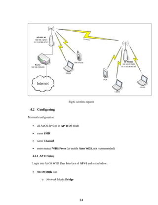 Fig 6: wireless repater
4.2 Configuring
Minimal configuration:
 all AirOS devices in AP-WDS mode
 same SSID
 same Channel
 enter mutual WDS Peers (or enable Auto WDS, not recommended)
4.2.1 AP #1 Setup
`Login into AirOS WEB User Interface of AP #1 and set as below:
 NETWORK Tab
o Network Mode: Bridge
24
 