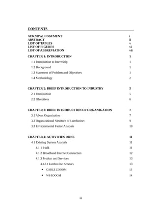 CONTENTS
ACKNOWLEDGEMENT i
ABSTRACT ii
LIST OF TABLES v
LIST OF FIGURES vi
LIST OF ABBREVIATION vii
CHAPTER 1: INTRODUCTION 1
1.1 Introduction to Internship 1
1.2 Background 1
1.3 Statement of Problem and Objectives 1
1.4 Methodology 2
CHAPTER 2: BRIEF INTRODUCTION TO INDUSTRY 5
2.1 Introduction 5
2.2 Objectives 6
CHAPTER 3: BRIEF INTRODUCTION OF ORGANIGATION 7
3.1 About Organization 7
3.2 Organizational Structure of Lumbininet 9
3.3 Enviornmental Factor Analysis 10
CHAPTER 4: ACTIVITIES DONE 11
4.1 Existing System Analysis 11
4.1.1 I-talk 11
4.1.2 Broadband Internet Connection 12
4.1.3 Product and Services 13
4.1.3.1 Lumbini Net Services 13
 CABLE ZOOOM 13
 WI-ZOOOM 14
iii
 
