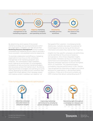 Streamlining collaboration & efficiency
Fine-tuning performance & optimization
4
MARKETING.TERADATA.COM
MARKETING AGILITY
By determining which pieces of the overall
marketing strategy are causing bottlenecks within
the organization, marketers can help ensure their
Marketing Resource Management solution enables
comprehensive marketing activity views to provide a
more consistent, individualized customer experience.
To promote collaboration and efficiency, marketing
organizations must focus on the centralized
management of all marketing programs and
initiatives. This centralization helps marketers
avoid creating an environment of unmanageable
complexity as well as ensuring marketing budgets
and resources achieve the highest return. By directly
aligning activities to budgets and spending accounts
and by developing reusable process workflows that
support the timely delivery of all campaign assets
and creative content, marketers can respond – at
the speed of the customer – to emerging trends.
Additionally, marketers decrease the potential for
missed opportunities by having all the relevant
information and assets they need at their fingertips.
Insights into how specific campaigns are performing
can be identified at the juncture of analytics
and operations. Once those integrated insights
are revealed, marketers can focus on improving
performance and optimization by appropriately
adjusting campaign execution to ensure the highest
return on investment. This operational agility
consistently improves performance. In fact, Gartner
“has recognized the importance of agility as a critical
attribute for organizations in demanding market
conditions, if they are to thrive and compete with
CRM initiatives that deliver outstanding results”.4
Centralizing the
management of all
marketing programs
Aligning marketing
activities to budgets
and spending accounts
Developing
reusable process
workflows
Responding at
the speed of the
customer
Adjusting campaign
execution based on
analytical insights
Improving marketing
performance by employing
proven strategies for success
Remaining agile throughout
a campaign so changes can
be made in real-time
 