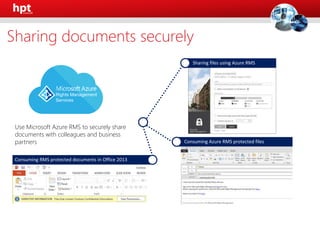 Use Microsoft Azure RMS to securely share
documents with colleagues and business
partners
Sharing documents securely
 