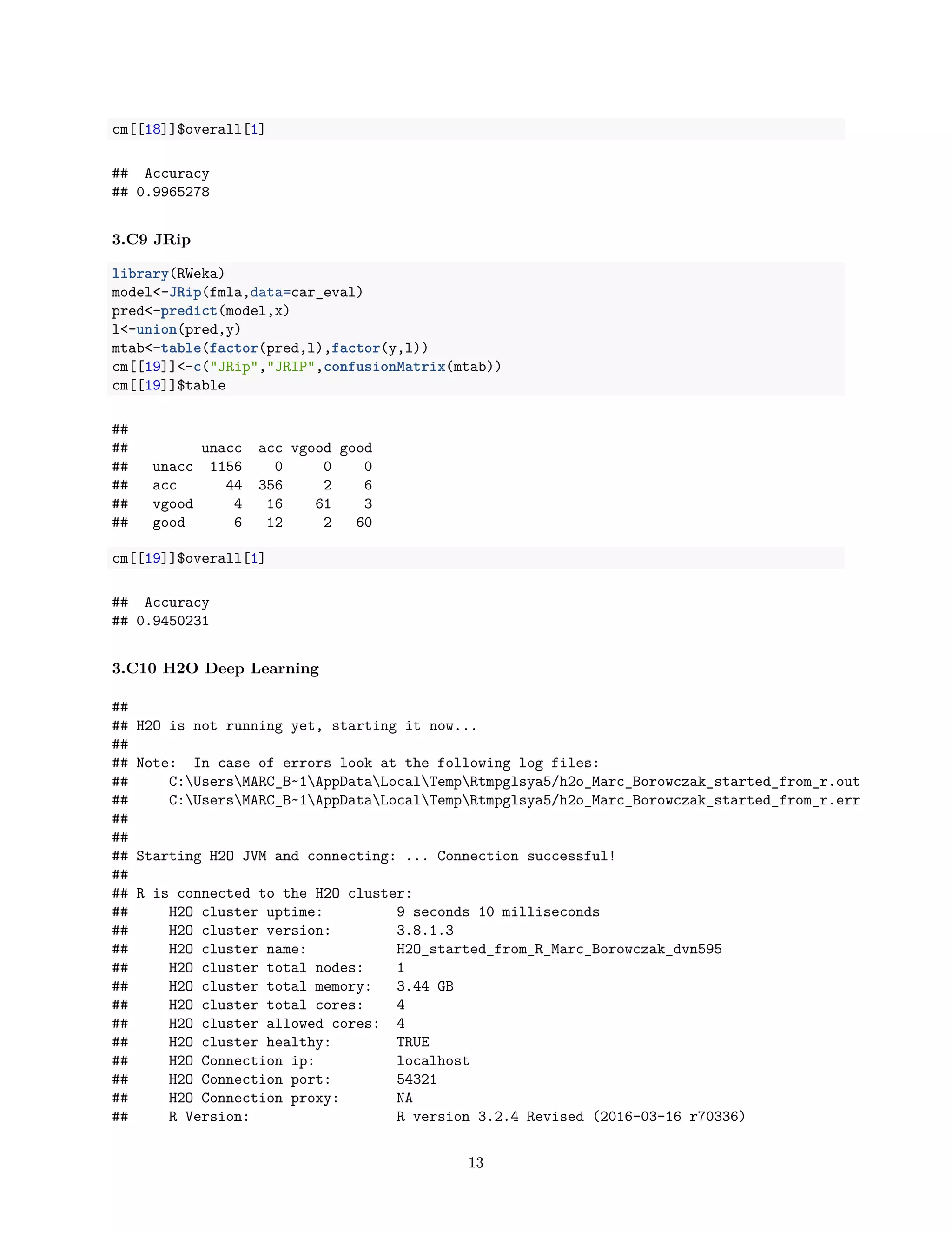 cm[[18]]$overall[1]
## Accuracy
## 0.9965278
3.C9 JRip
library(RWeka)
model<-JRip(fmla,data=car_eval)
pred<-predict(model,x)
l<-union(pred,y)
mtab<-table(factor(pred,l),factor(y,l))
cm[[19]]<-c("JRip","JRIP",confusionMatrix(mtab))
cm[[19]]$table
##
## unacc acc vgood good
## unacc 1156 0 0 0
## acc 44 356 2 6
## vgood 4 16 61 3
## good 6 12 2 60
cm[[19]]$overall[1]
## Accuracy
## 0.9450231
3.C10 H2O Deep Learning
##
## H2O is not running yet, starting it now...
##
## Note: In case of errors look at the following log files:
## C:UsersMARC_B~1AppDataLocalTempRtmpglsya5/h2o_Marc_Borowczak_started_from_r.out
## C:UsersMARC_B~1AppDataLocalTempRtmpglsya5/h2o_Marc_Borowczak_started_from_r.err
##
##
## Starting H2O JVM and connecting: ... Connection successful!
##
## R is connected to the H2O cluster:
## H2O cluster uptime: 9 seconds 10 milliseconds
## H2O cluster version: 3.8.1.3
## H2O cluster name: H2O_started_from_R_Marc_Borowczak_dvn595
## H2O cluster total nodes: 1
## H2O cluster total memory: 3.44 GB
## H2O cluster total cores: 4
## H2O cluster allowed cores: 4
## H2O cluster healthy: TRUE
## H2O Connection ip: localhost
## H2O Connection port: 54321
## H2O Connection proxy: NA
## R Version: R version 3.2.4 Revised (2016-03-16 r70336)
13
 
